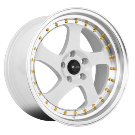 VR2 15x8 4x100 +20 White Machine Lip Gold Rivet