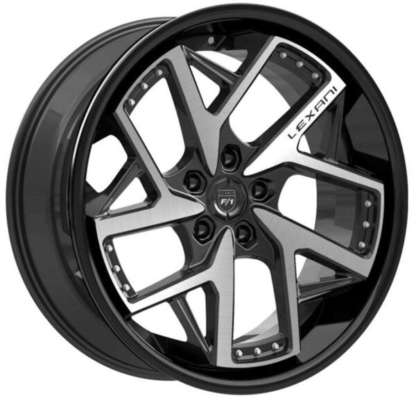 Devoe 22x10.5 5x112 +38 Gloss Blk w/ Brushed Face & Chrome Rivets